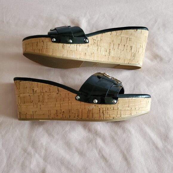 Coach Slip On Black Patent Leather Cork Wedge Sandals Size 7.5 - Picture 3 of 7